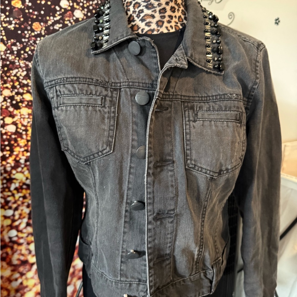 CAbi Studded Collar Washed Black Jean Jacket